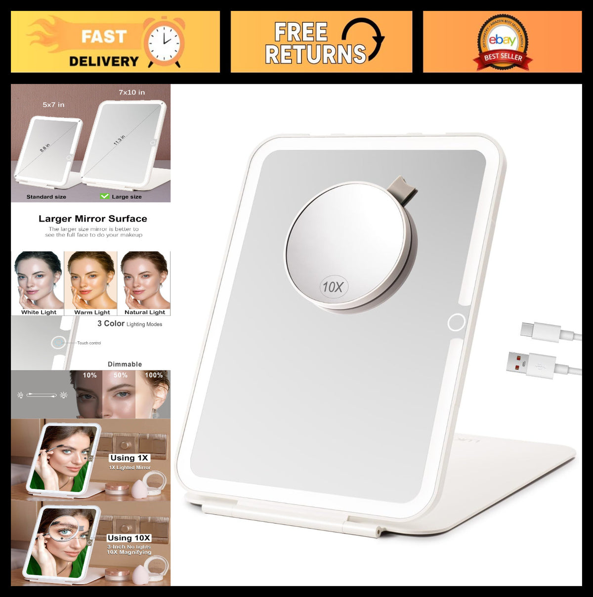 Rechargeable Lighted Makeup Mirror with 10X Magnifier - Portable Dimmable LED Vanity