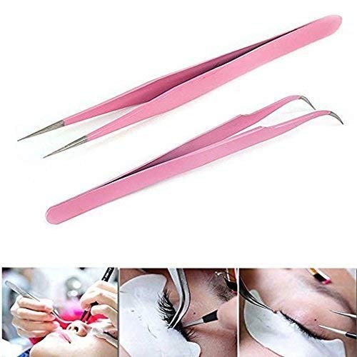 Pink Stainless Steel Tweezers Set for Eyelash Extensions - Straight & Curved Tips