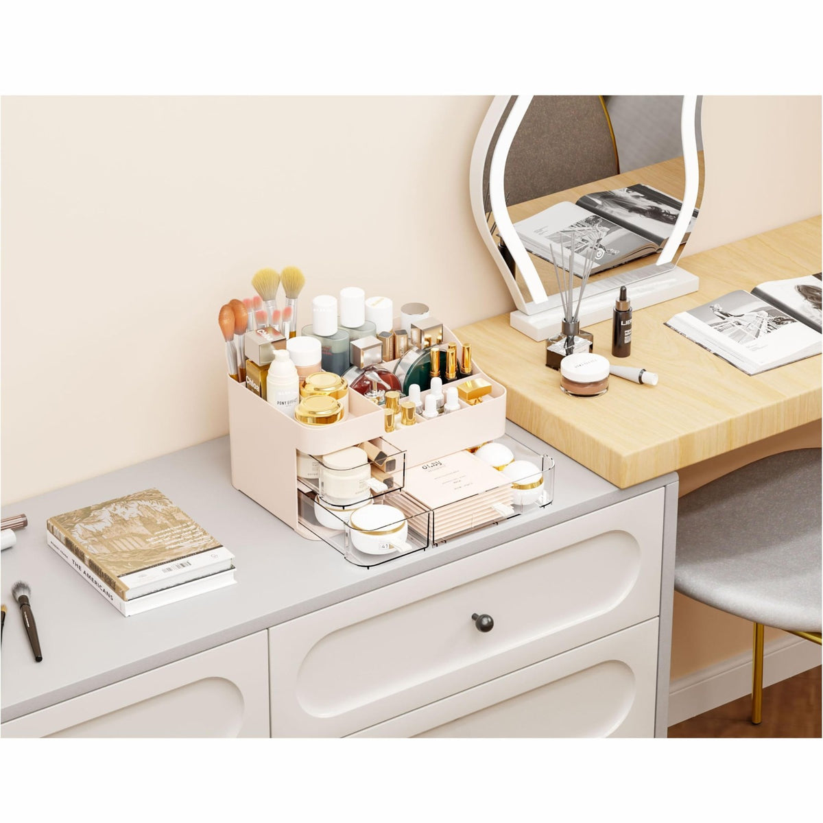 Pink Makeup Organizer with 3 Drawers - Large Vanity Storage for Skincare & Cosmetics