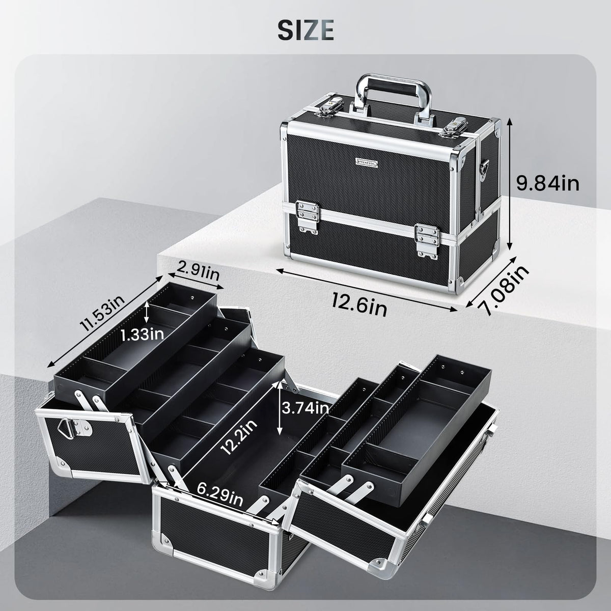 Large Makeup Train Case with 6 Trays - Portable Cosmetic Organizer, Lockable, 12.6 Inch