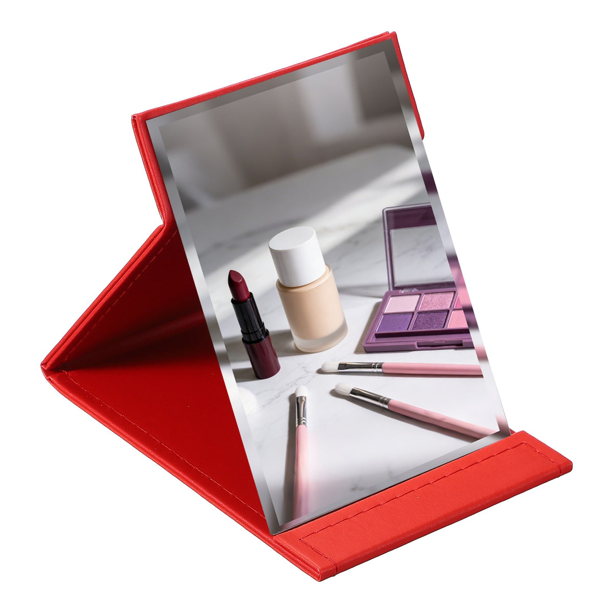 Portable Foldable Desk Mirror with Stand - 4.8x6.7 Inch Travel Makeup Mirror in Red