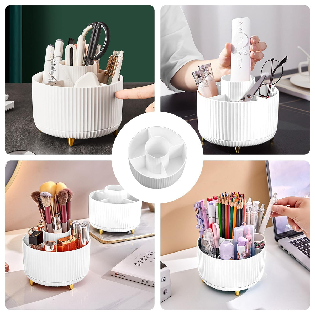 Rotating Makeup Brush Organizer Holder with 5 Compartments, White