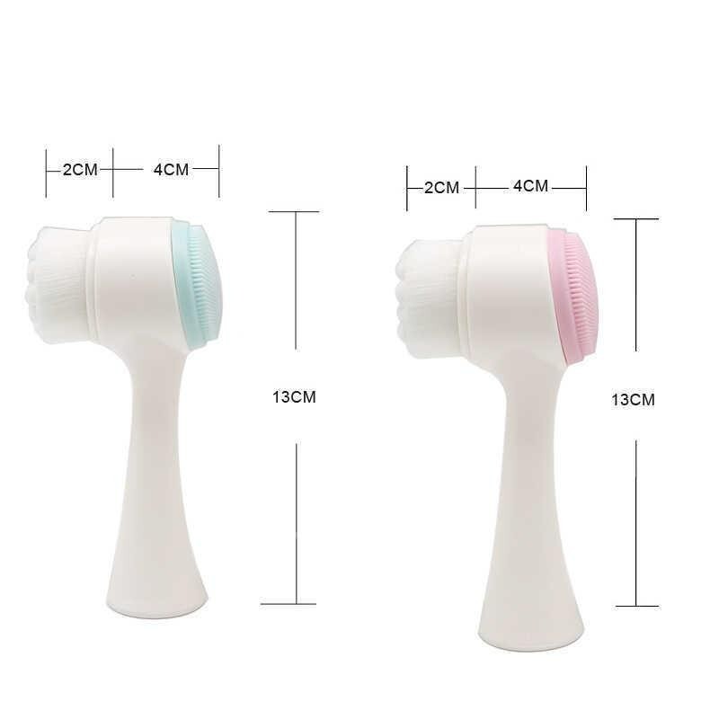 2-in-1 Double Sided Facial Brush with Handle - Soft Bristles & Silicone Massager (Blue & Pink)