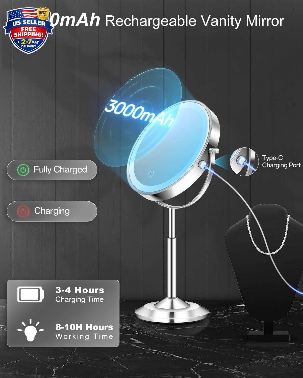 Adjustable Lighted Makeup Mirror with 30X Magnification and Rechargeable LEDs