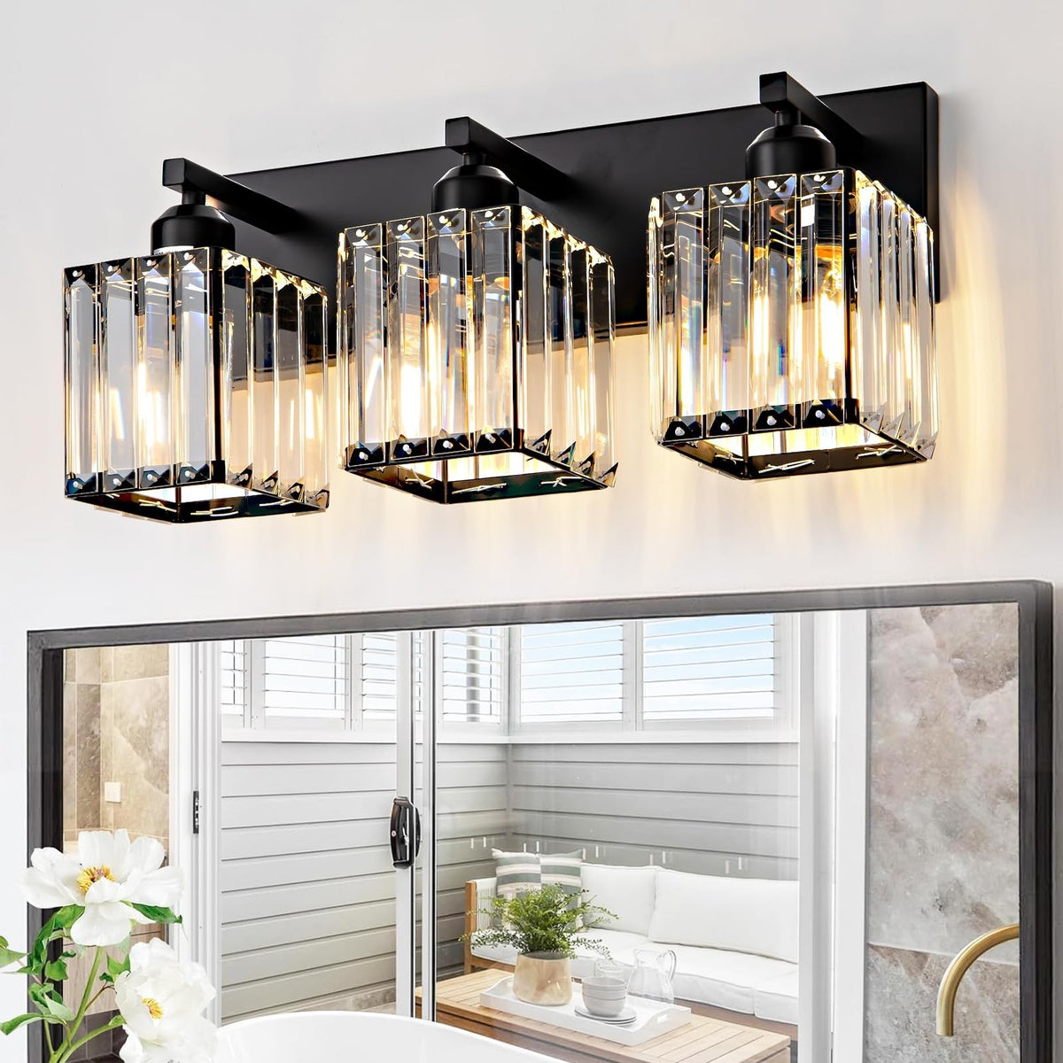 Black 3-Light Crystal Bathroom Vanity Light Fixture - Modern Wall Sconce