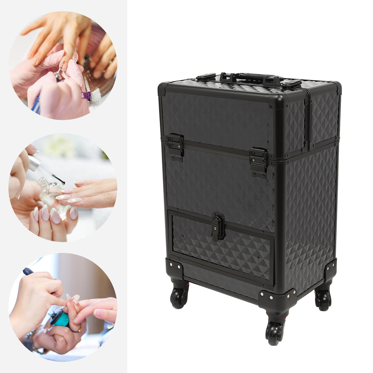 Rolling Makeup & Nail Desk Station with 7 Compartments - Black