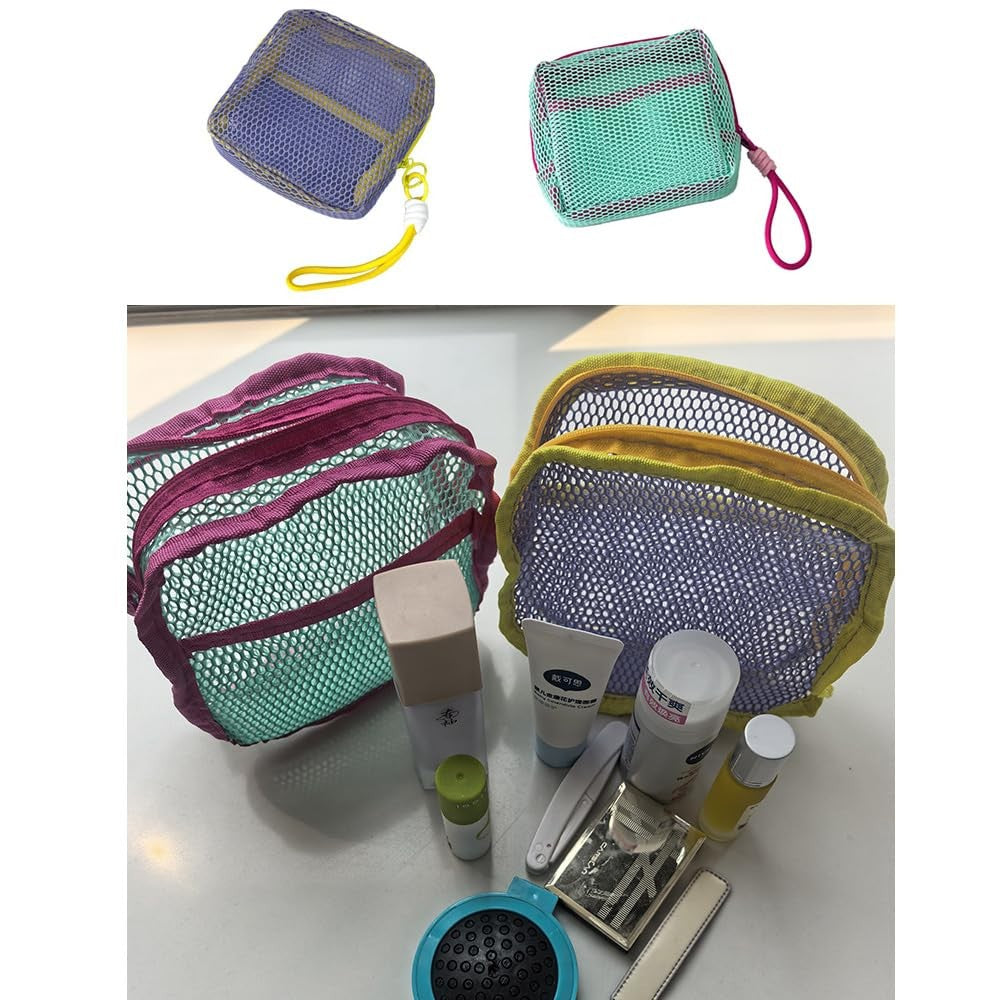 2 Pack Mesh Cosmetic Bags Small Travel Organizer with Detachable Handles - Green & Purple