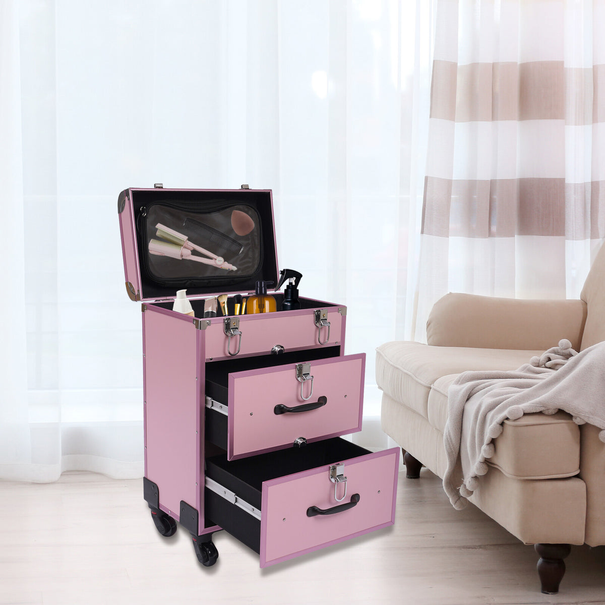 Professional Rolling Makeup Train Case with Multi-Layer Storage and Durable Aluminum Frame