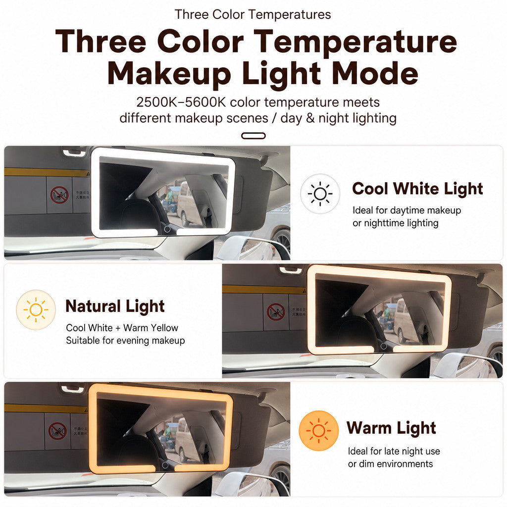 Car Sun Visor Vanity Mirror with Lights - 3 Light Modes & Rechargeable LEDs