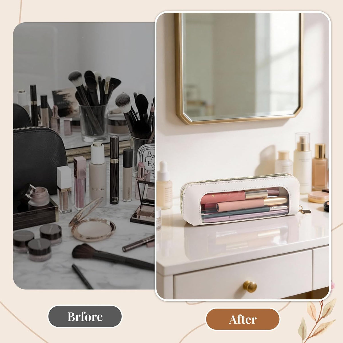 Clear PU Leather Makeup Bag with Transparent Window, Small Travel Cosmetic Case