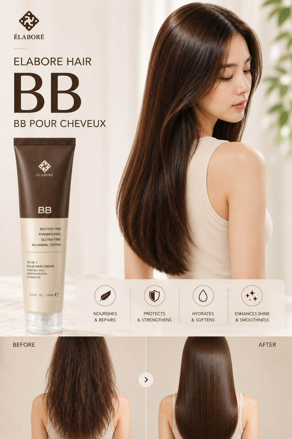 Elabore Hair BB 10-in-1 Aqua Hair Cream - Hydrating Leave-In Treatment, 150ml