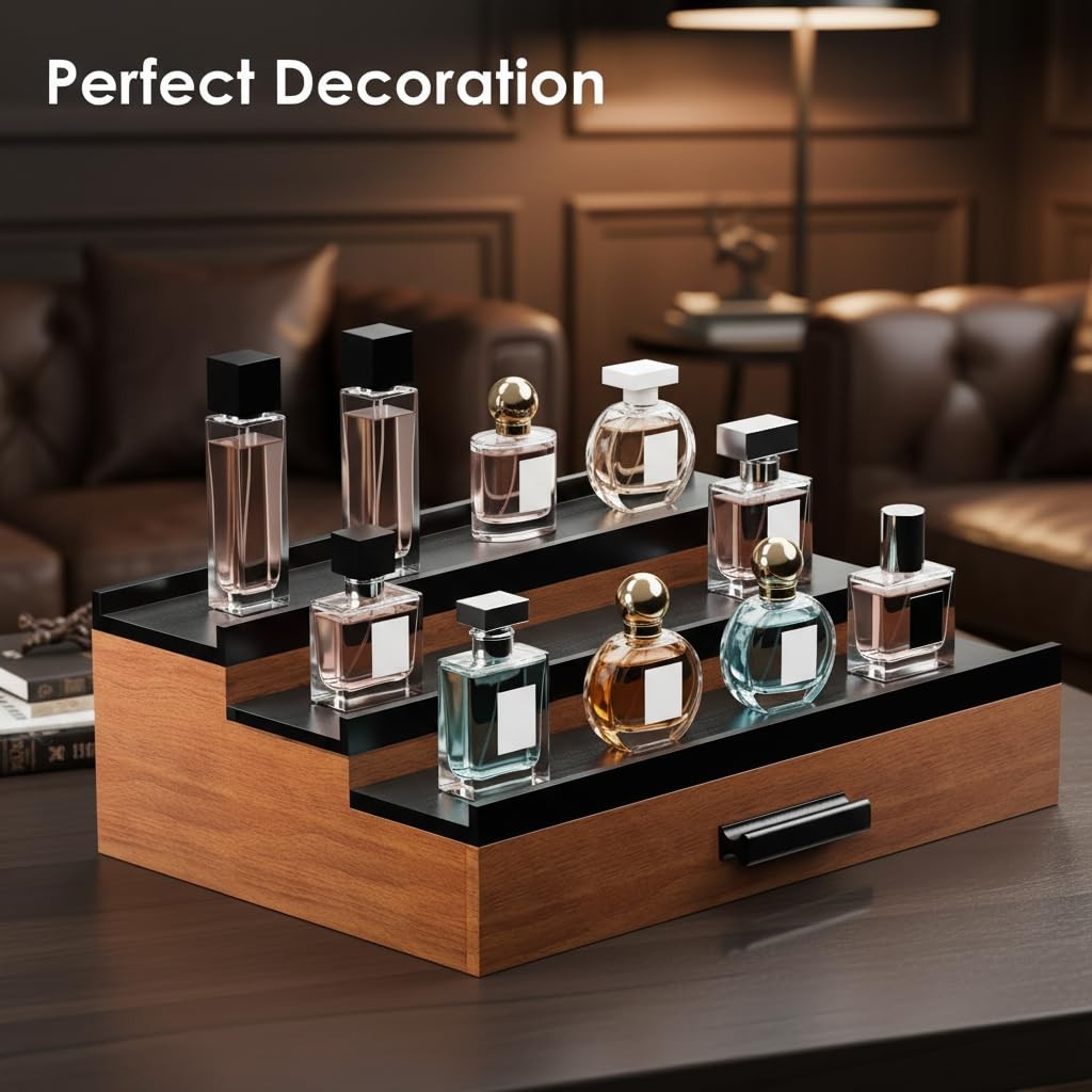 Men's Cologne Organizer with Drawer and Hidden Storage - Black Wood Stand