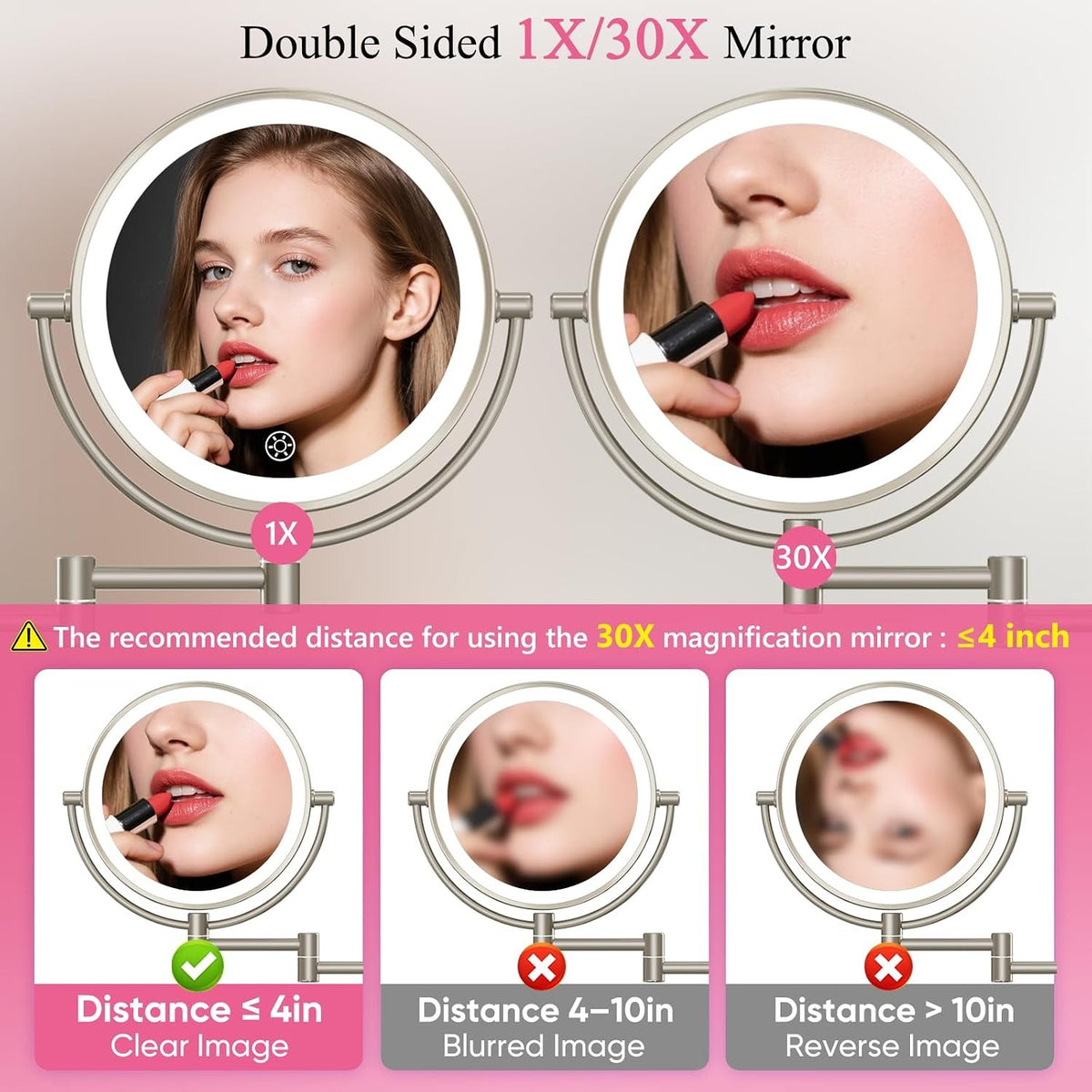Wall Mounted Lighted Makeup Mirror with 30X Magnification, Adjustable Brightness
