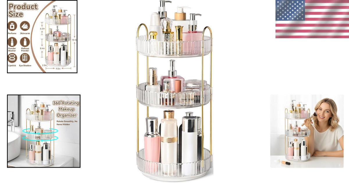 360° Rotating Makeup Organizer 3-Tier Vanity Storage Clear