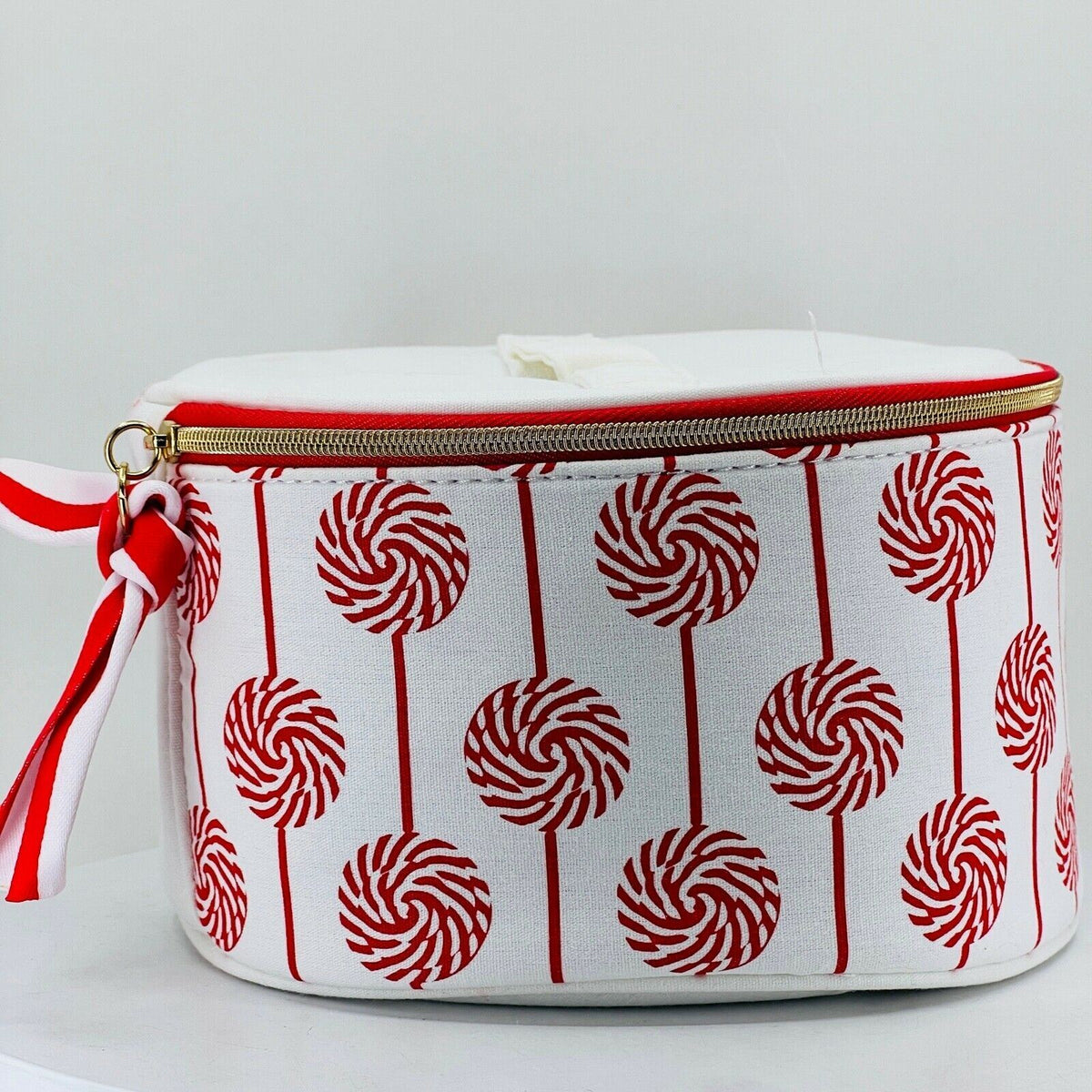 Clarins Cosmetic Pouch with Zipper & Handle — Fabric Round Bin