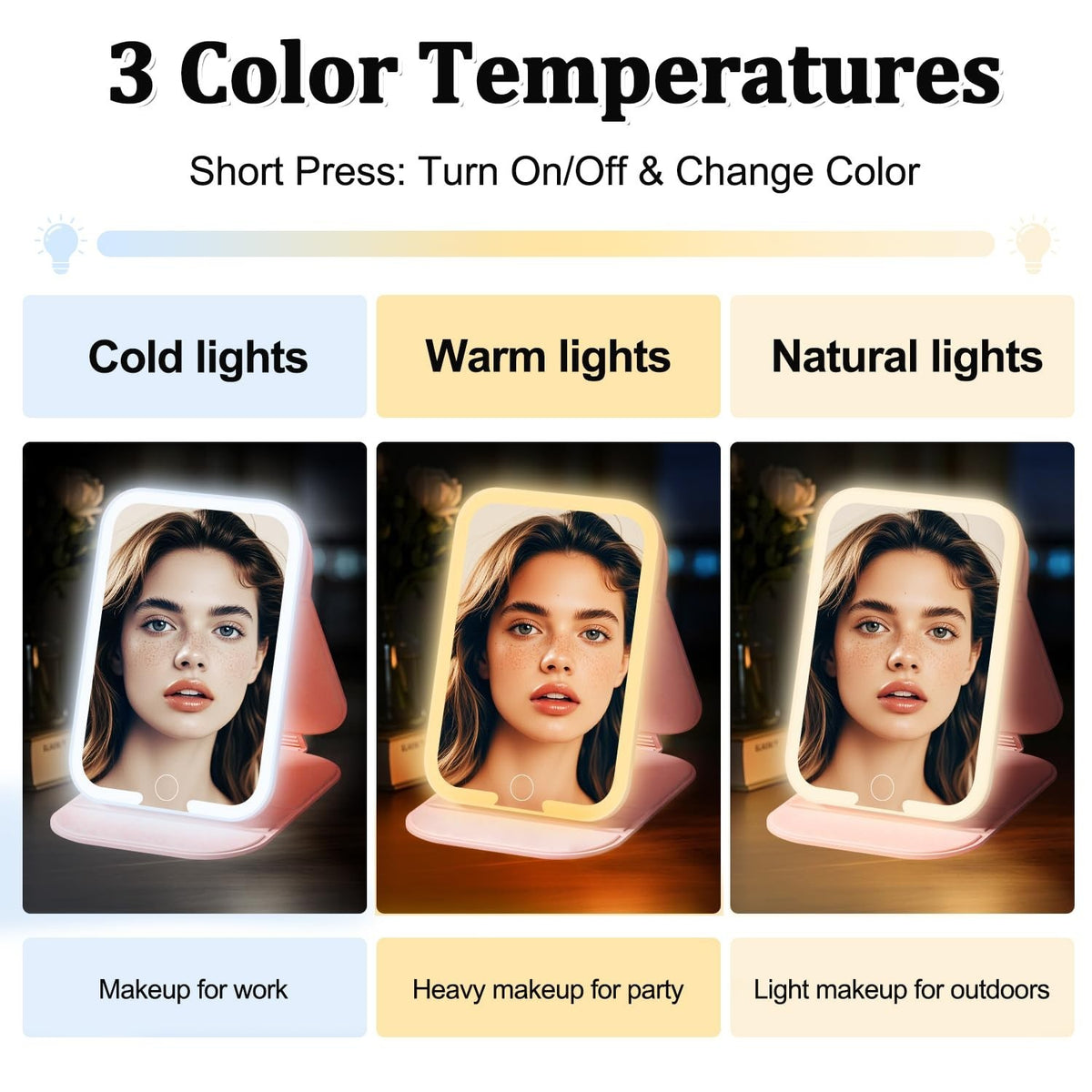Rechargeable LED Travel Mirror with Lights, Dimmable Touch Screen - Pink
