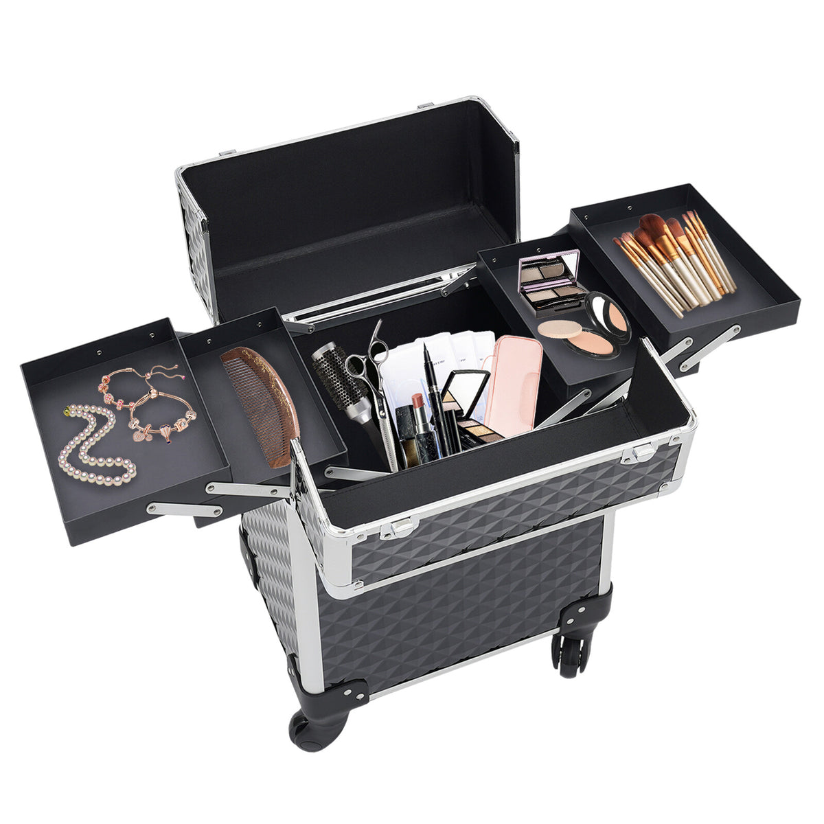 Rolling Aluminum Makeup Train Case with Lock & Large Capacity