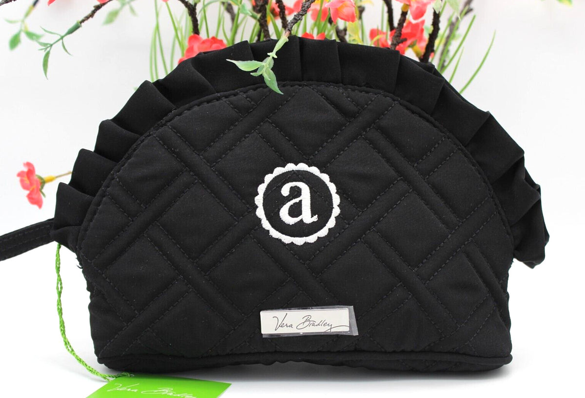 Personalized Letter A Cosmetic Bag - Fuchsia & Black Ruffle Makeup Organizer