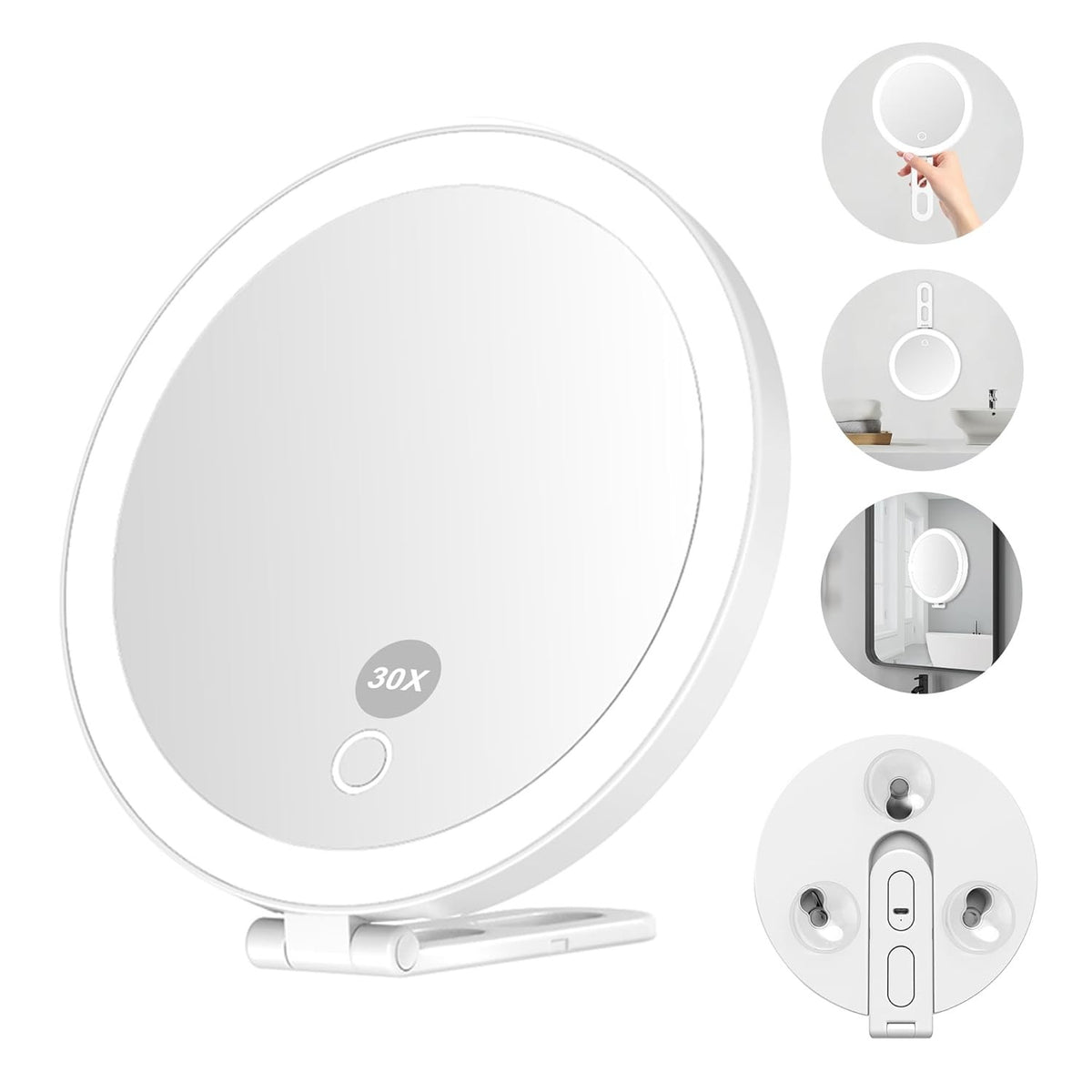 30x Magnifying Travel Makeup Mirror with LED Light - Handheld 6 Inch