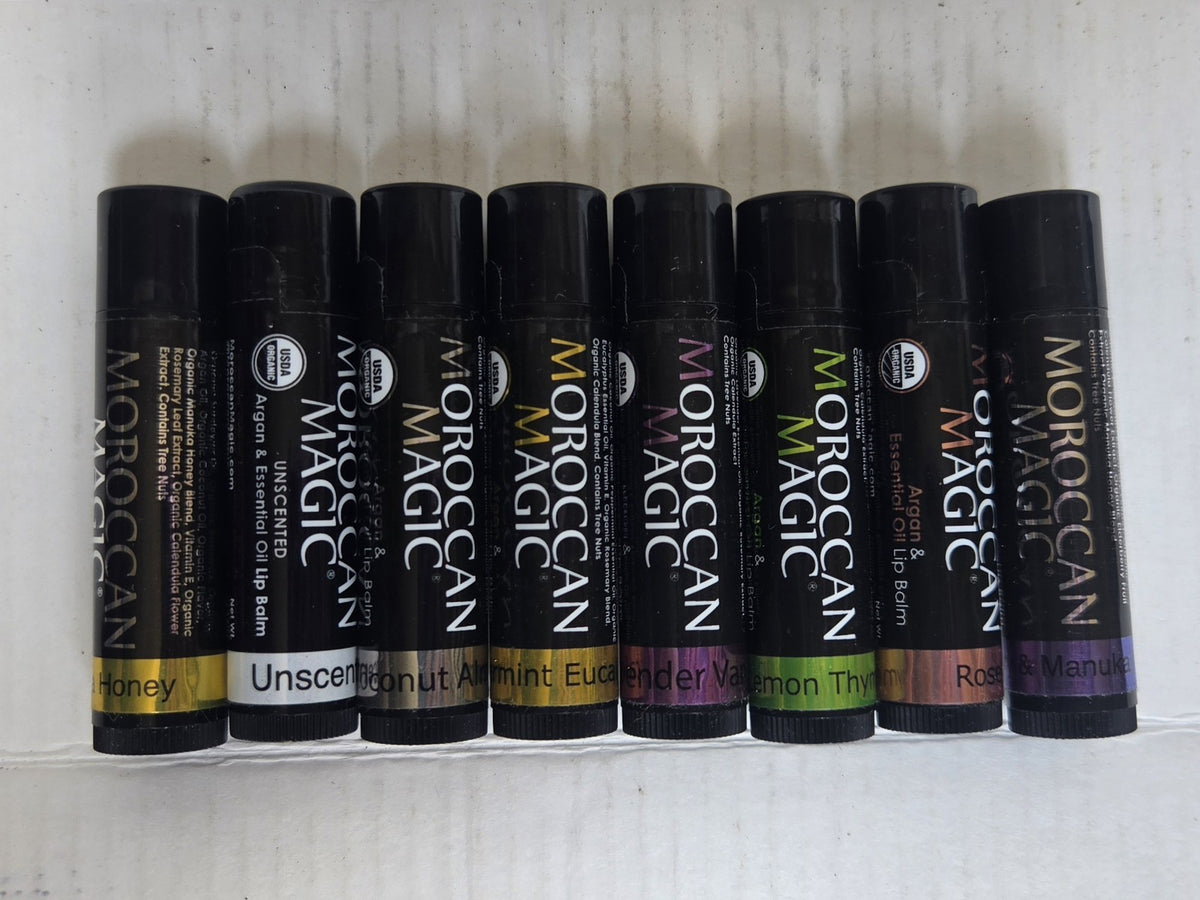 Set of 8 Lip Balms with Essential Oils & Rose Pouch - Hydrating & Scented