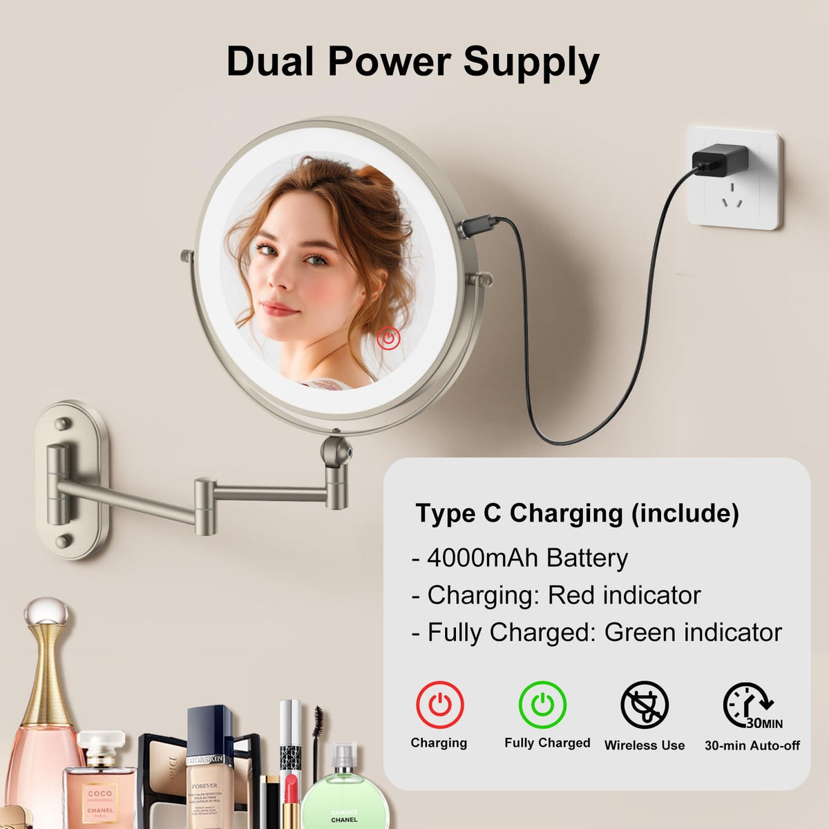 9-Inch Wall Mounted Lighted Makeup Mirror with Rechargeable Battery