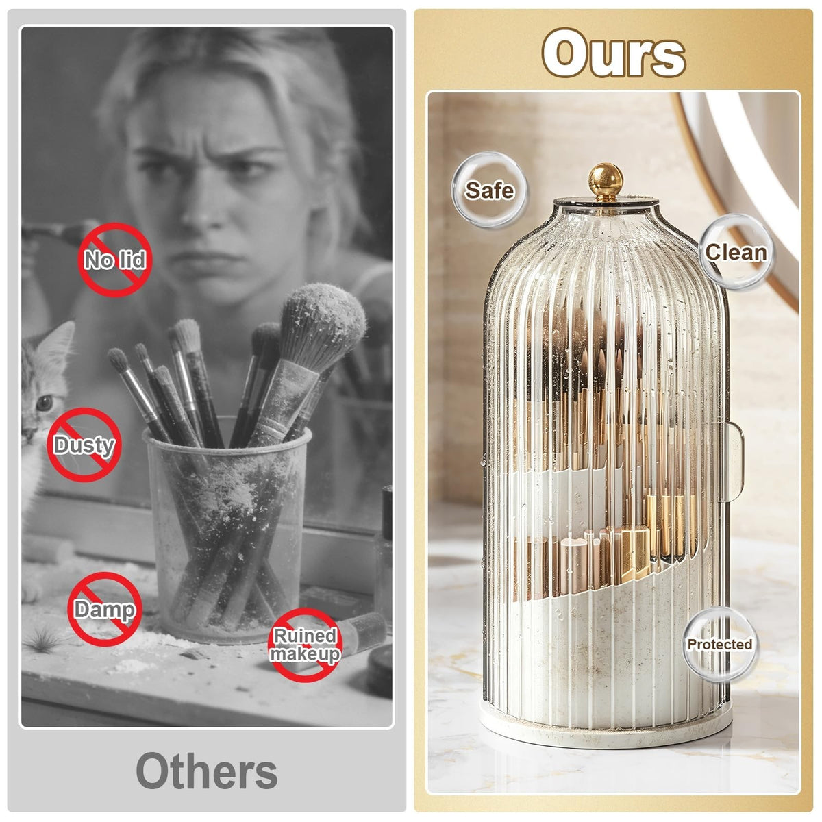 Dustproof 360° Rotation Covered Makeup Brush Holder with Sliding Lid - Clear