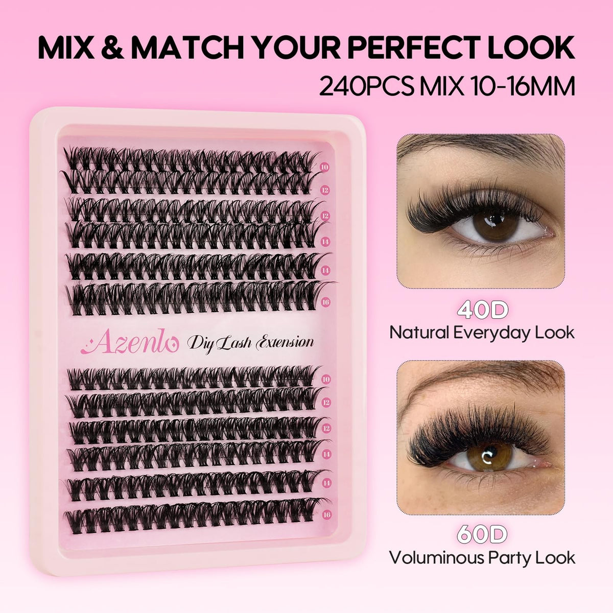 DIY Lash Extension Kit 240PCS 40D+60D Clusters, Glue & Tweezers - Beginner Friendly