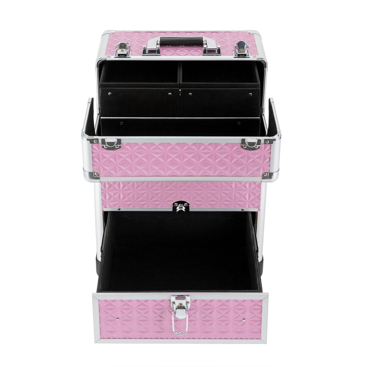 Professional Rolling Makeup Train Case - Aluminum Alloy Cosmetic Trolley with 7 Compartments