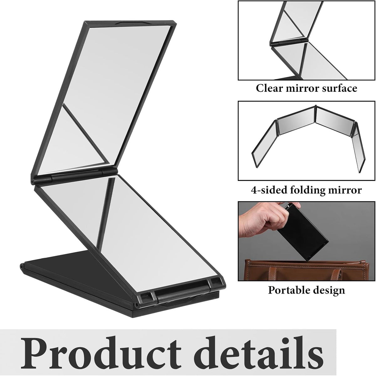 Foldable 4-Way Makeup & Haircut Mirror Portable 360° Handheld Black