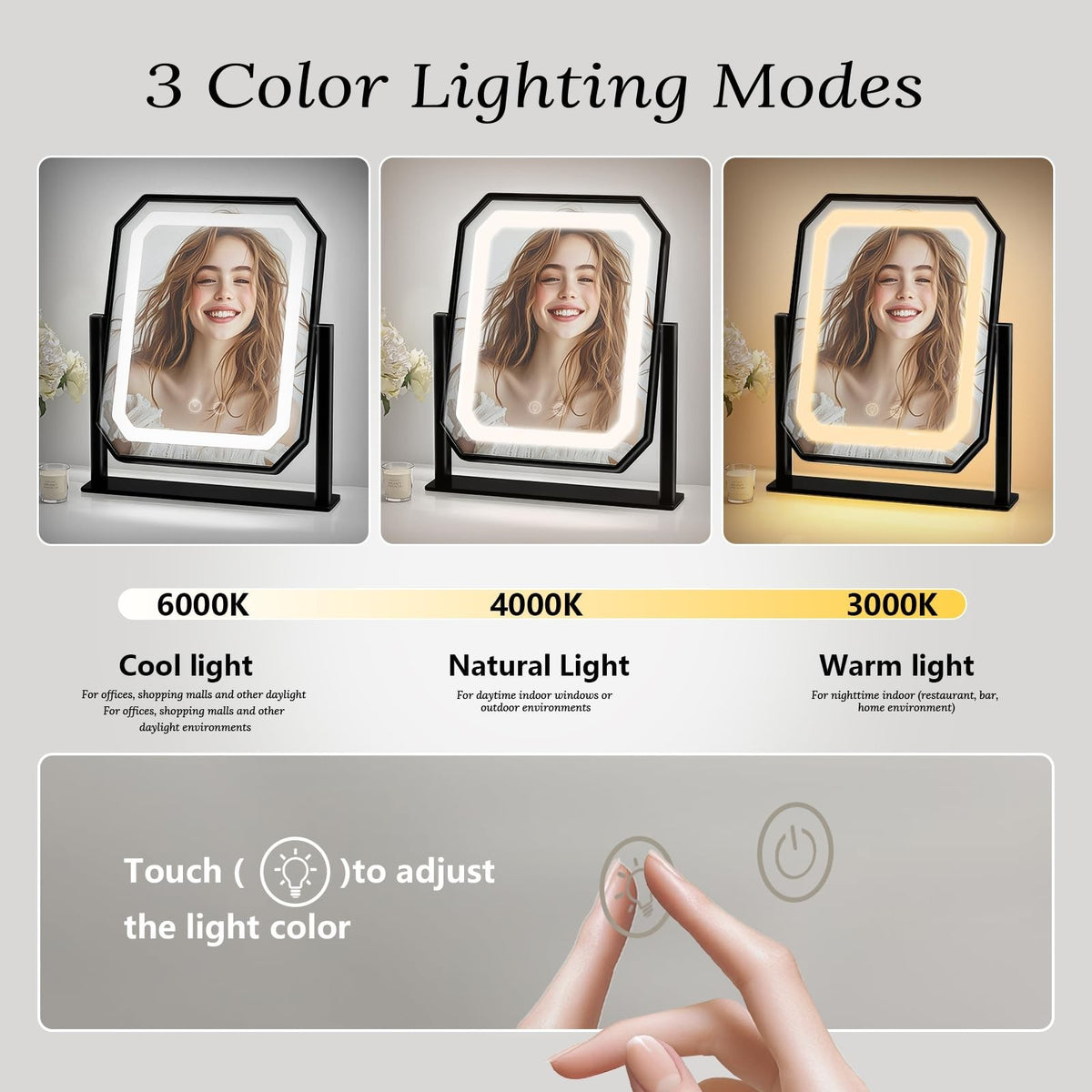 Lighted Makeup Mirror with 3 Color Modes, Touch Control, 10x Magnifier, 12x10 Inch Vanity Mirror