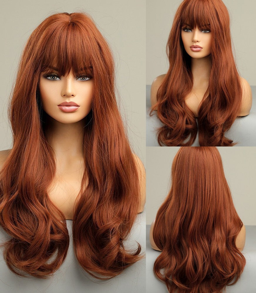 Copper Red Long Wavy Synthetic Wig with Bangs - Heat Resistant & Tangle-Free