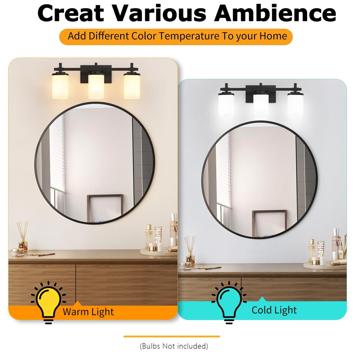 Modern Black Vanity Light Fixture with White Frosted Glass Shades - Bathroom Wall Mount, 3 Lights