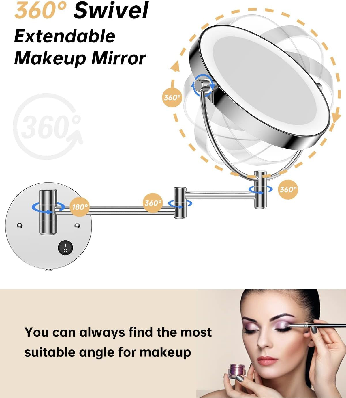 8.5-Inch Wall Mounted Lighted Magnifying Mirror 1X/10X Double-Sided