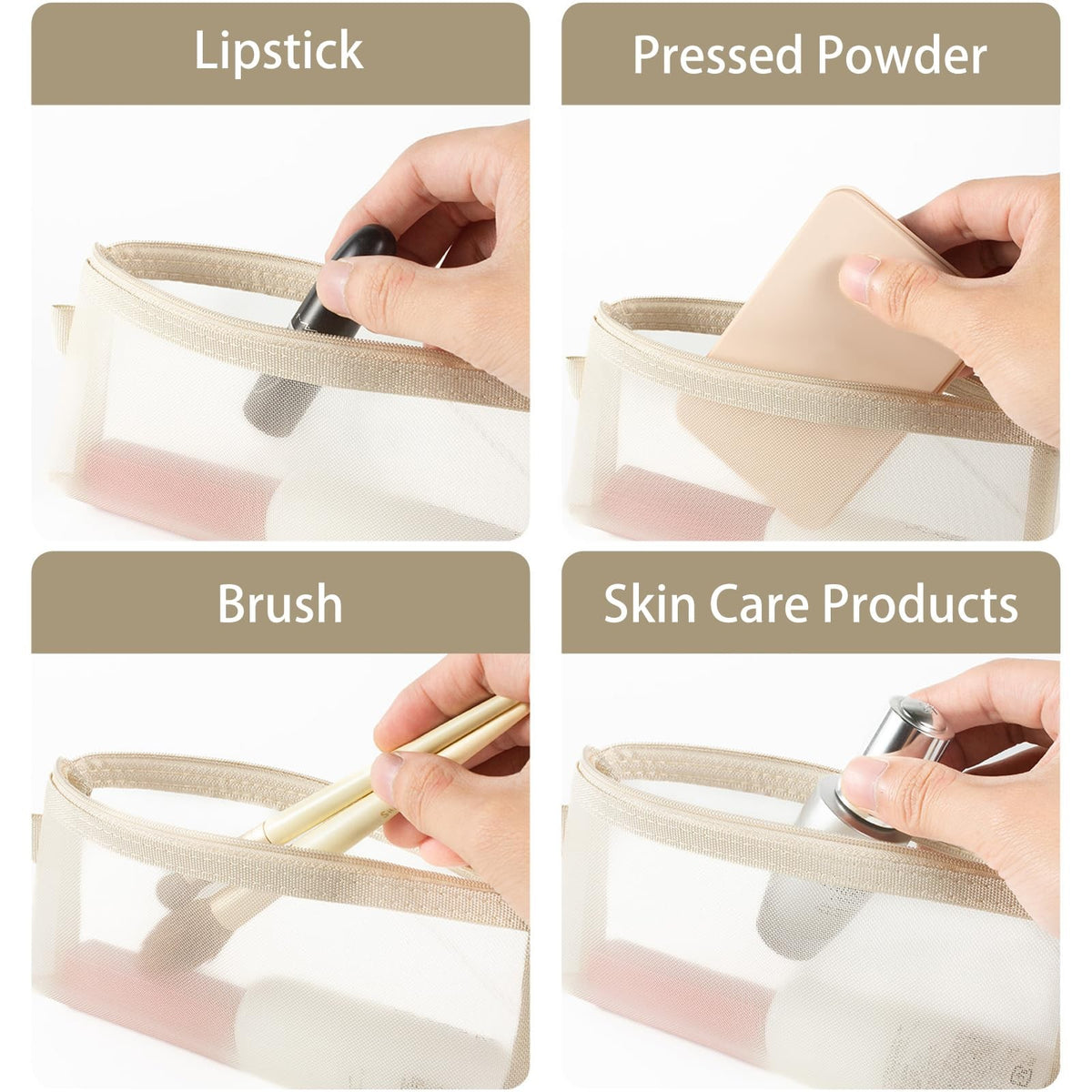 6 Pack Mesh Makeup Brush and Cosmetic Bag Set - Clear Zipper Pouch Organizer
