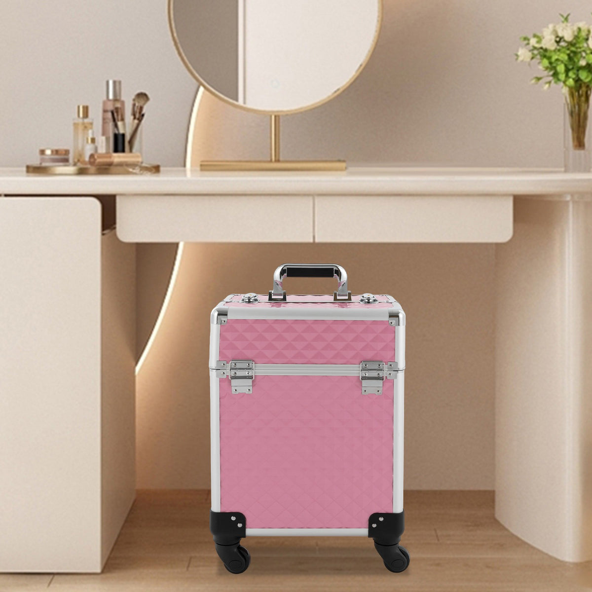 Large Multi-Tier Makeup and Nail Storage Case with Wheels, Pink