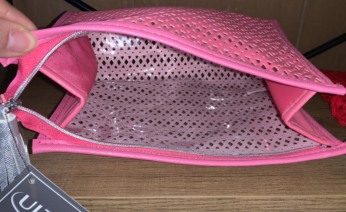 Makeup Cosmetic Bag with Coral Pink Diamond Cutout and Silver Zipper Tassel