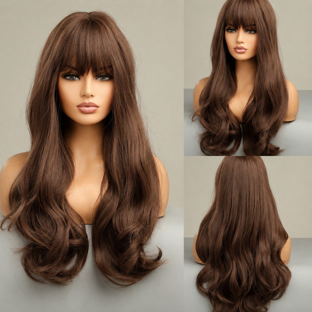 Brown Costume Wig with Bangs - Long Wavy Heat-Resistant Synthetic Hair