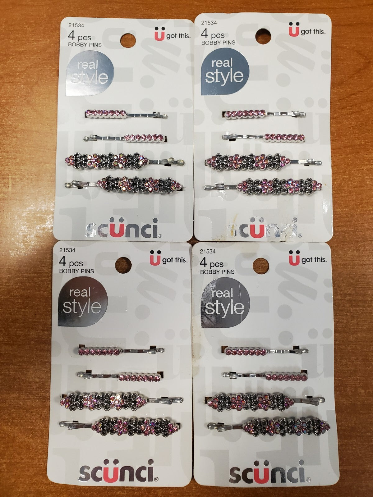 4 Pks of 4: Scunci Real Style Faux Pink Jewel & Silver Bobby Pins