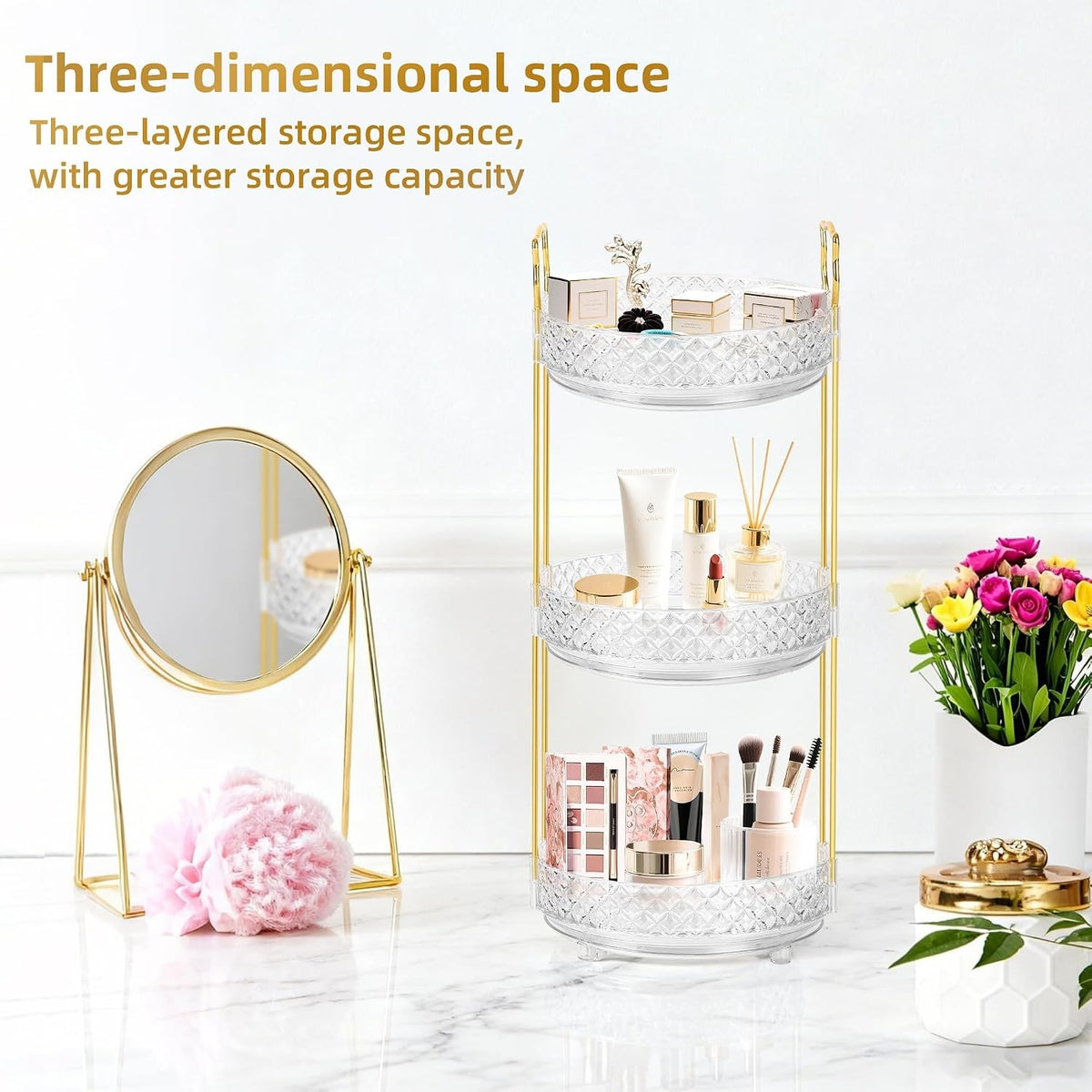 360° Rotating Makeup Organizer with 3 Tiers for Vanity and Bathroom Counter