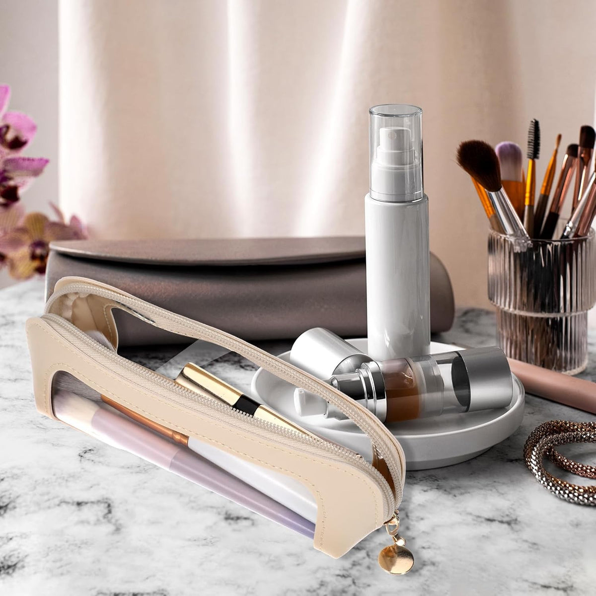 Travel Makeup Brush Bag Organizer with Zipper and Transparent PVC