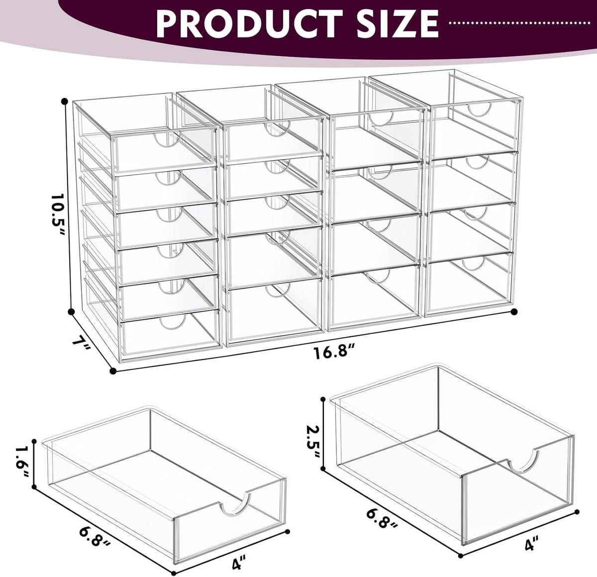 4 Pack Acrylic Makeup Organizer with 19 Drawers - Clear Vanity Storage