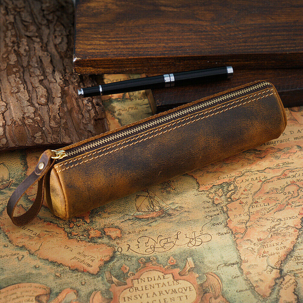 Handmade Leather Pen Pouch Zipper Pencil Case Stationery Storage Box Gift