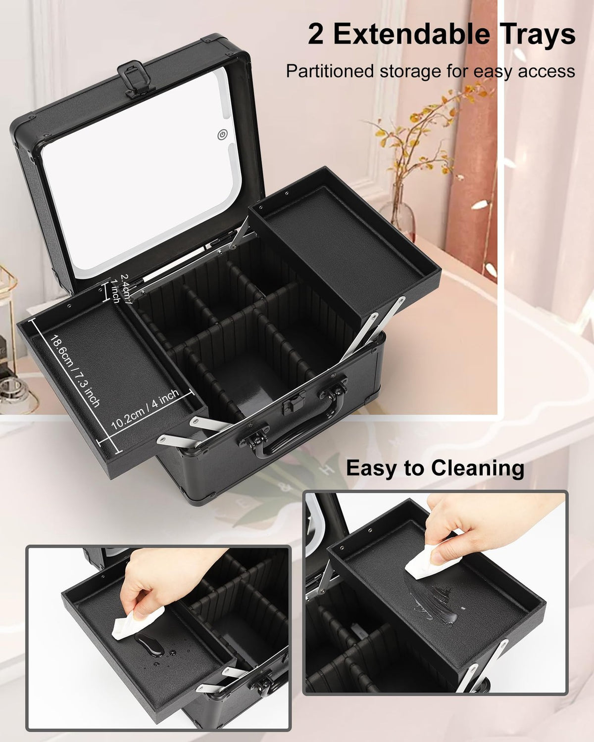 Hard Makeup Case with LED Mirror and Adjustable Trays | Cosmetic Organizer
