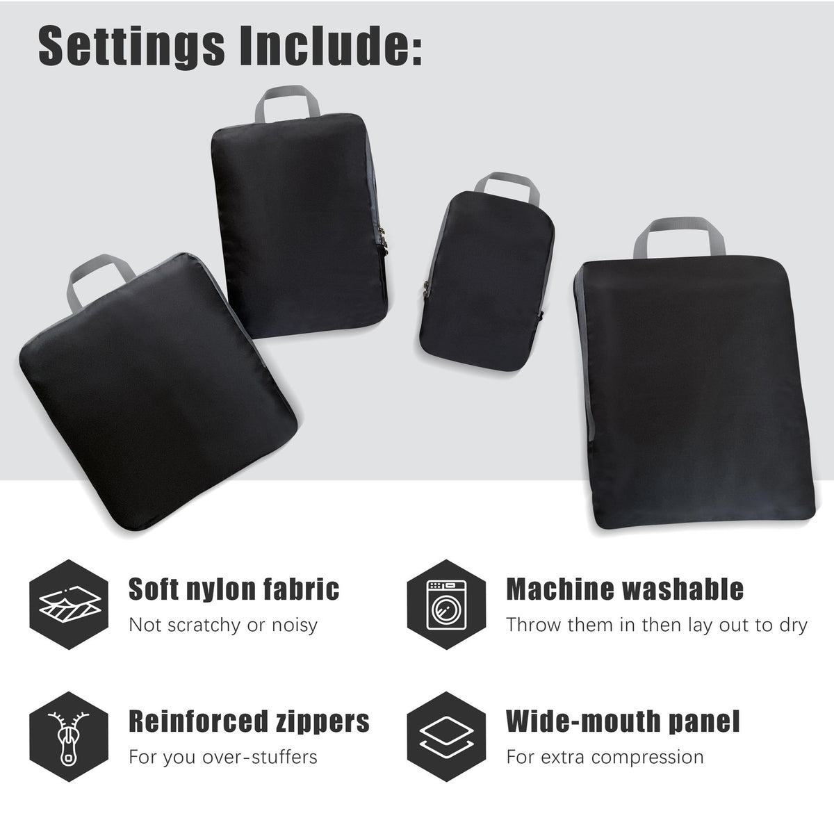4 Pack Compression Packing Cubes Travel Organizer 1050 cu in Black