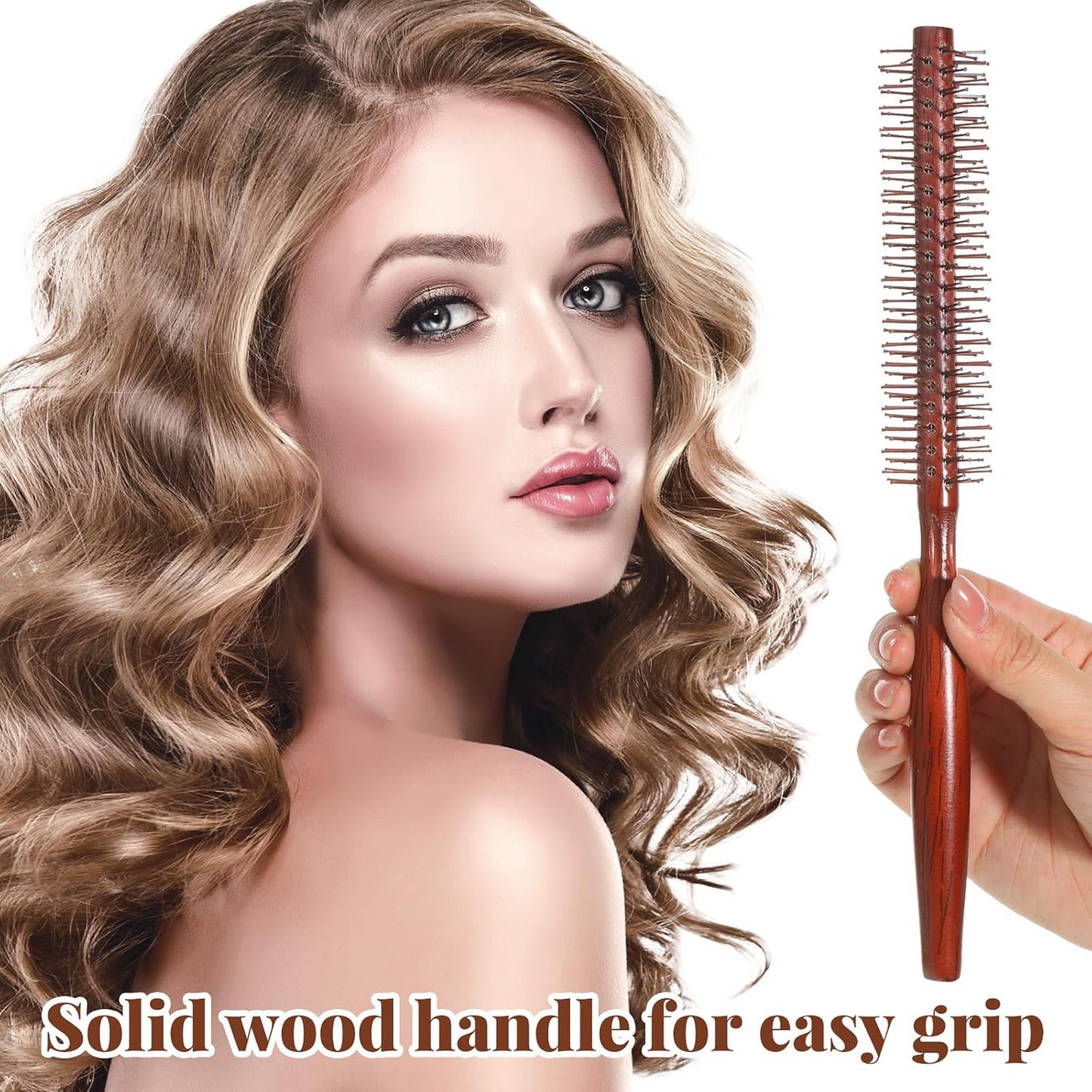 Round Wooden Hair Brush with Nylon Bristles - Travel Detangling & Styling Tool