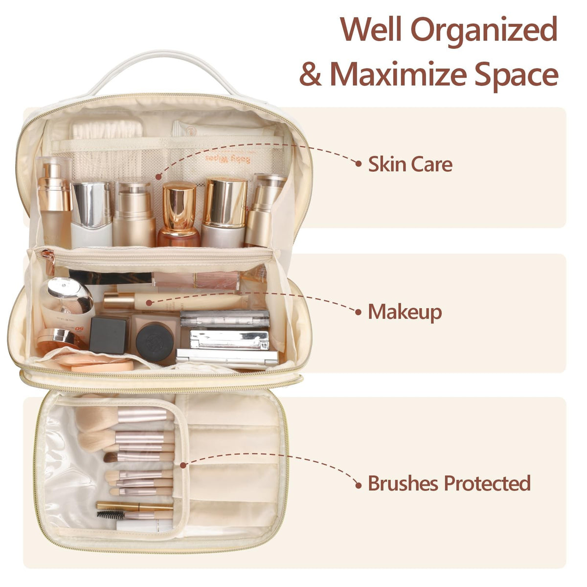 Large Quilted Travel Makeup Bag for Women - PU Leather Organizer, Cream