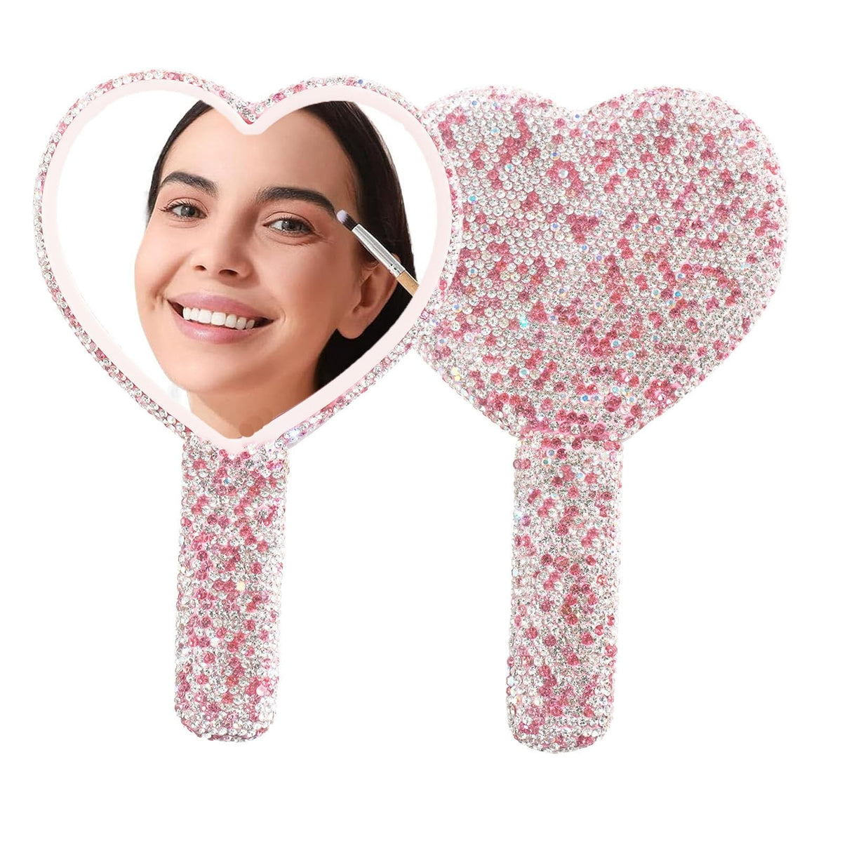 Large Heart-Shaped Rhinestone Handheld Mirror with Glitter Handle for Women