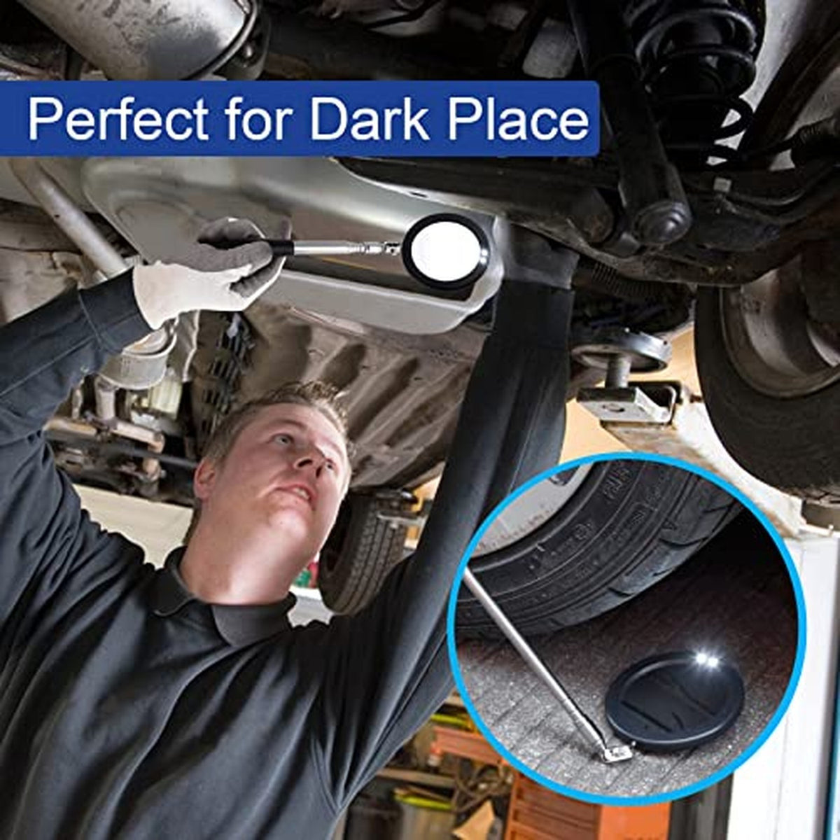 LED Lighted Telescoping Inspection Mirror with 3.75-Inch Round Mirror, Flexible Swivel & 39.4-Inch Extendable Handle