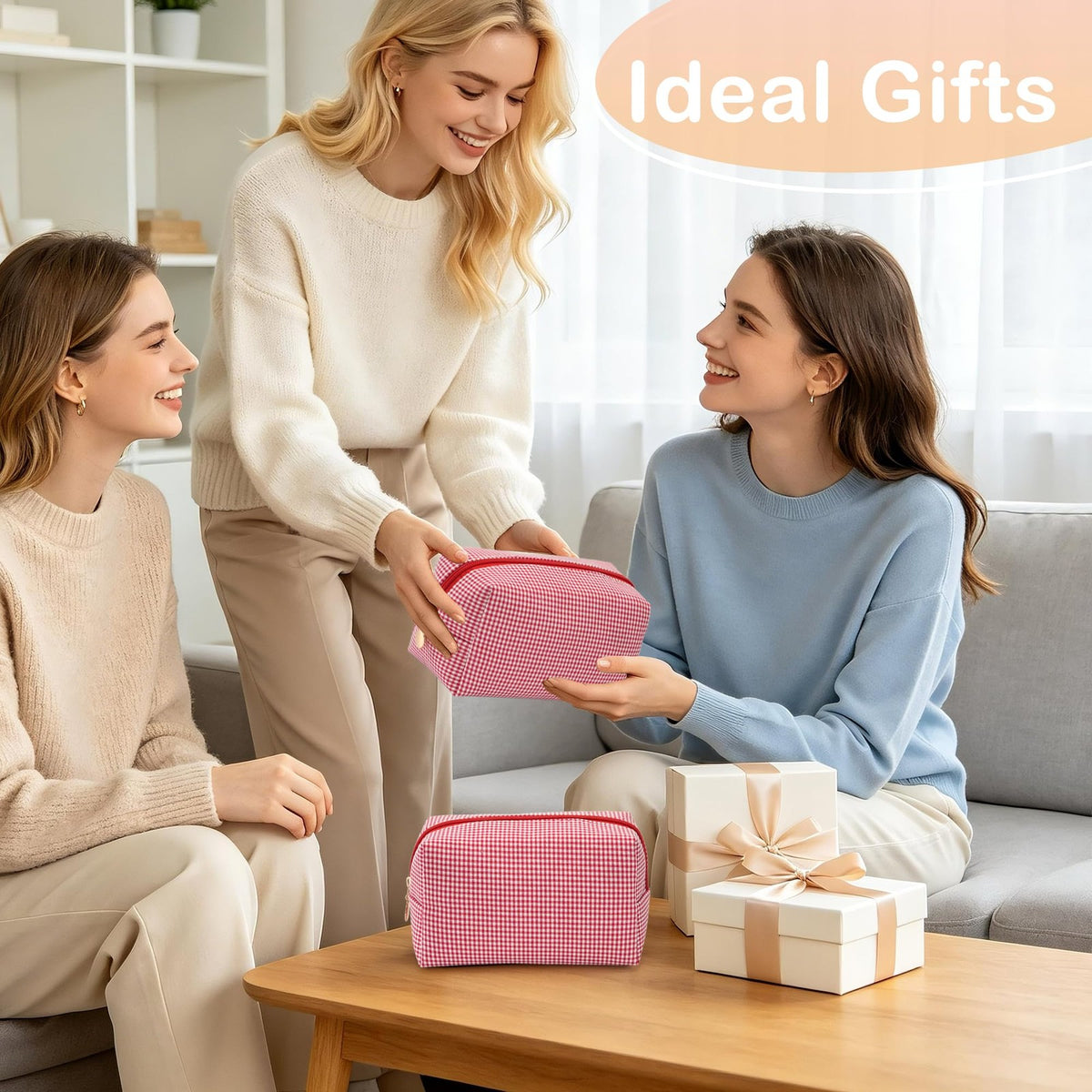 Red Gingham Makeup Bag Set - 4 Piece Cosmetic Organizer, Travel & Gift