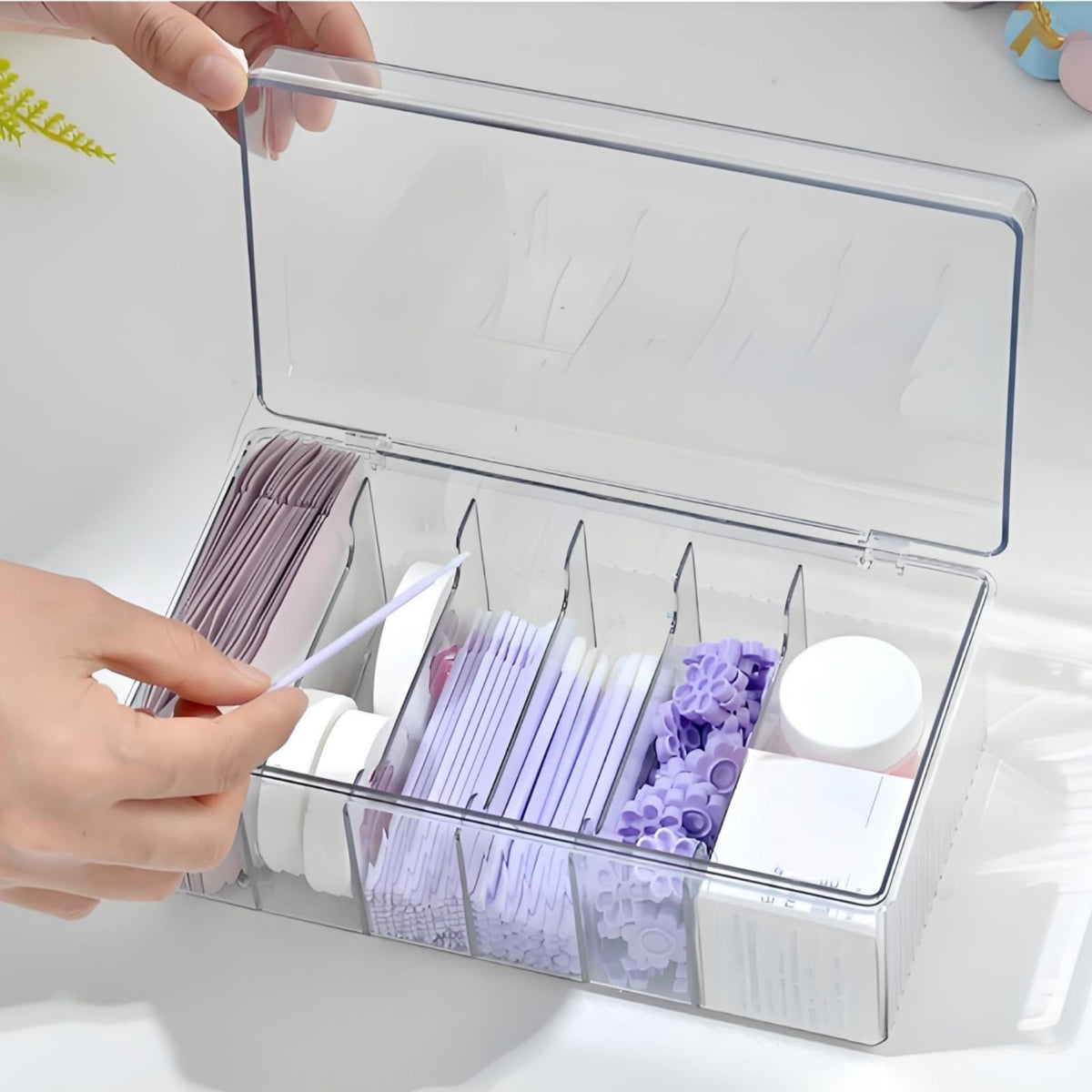 Lash Extension Organizer Box with 6 Compartments - Clear Storage for Lash Supplies